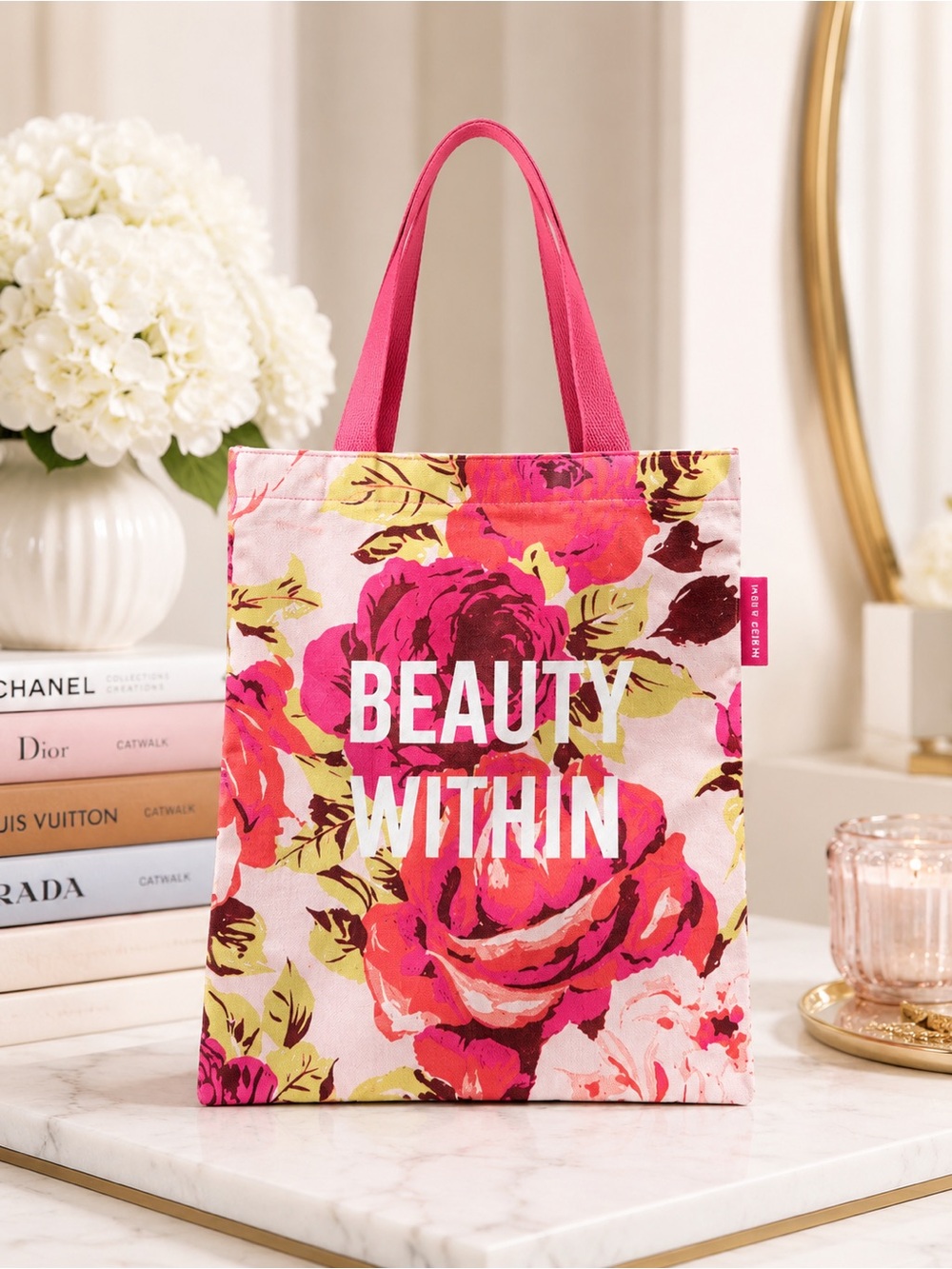 Margot Elena Beauty Within Floral Canvas Tote Bag Pink Rose Gift Book Lover NWT